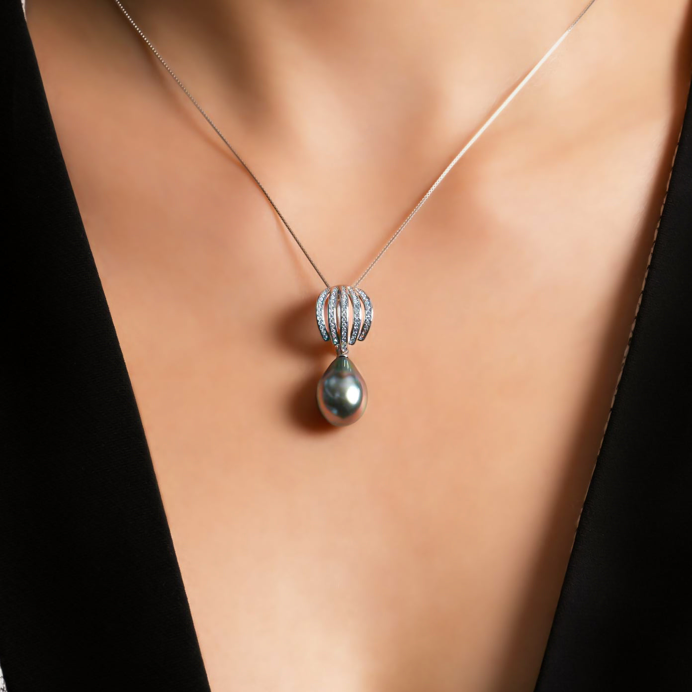 Elegant Floral Tahitian Pearl Necklace with 10mm Green Cherry Pearl & Zirconia Accents