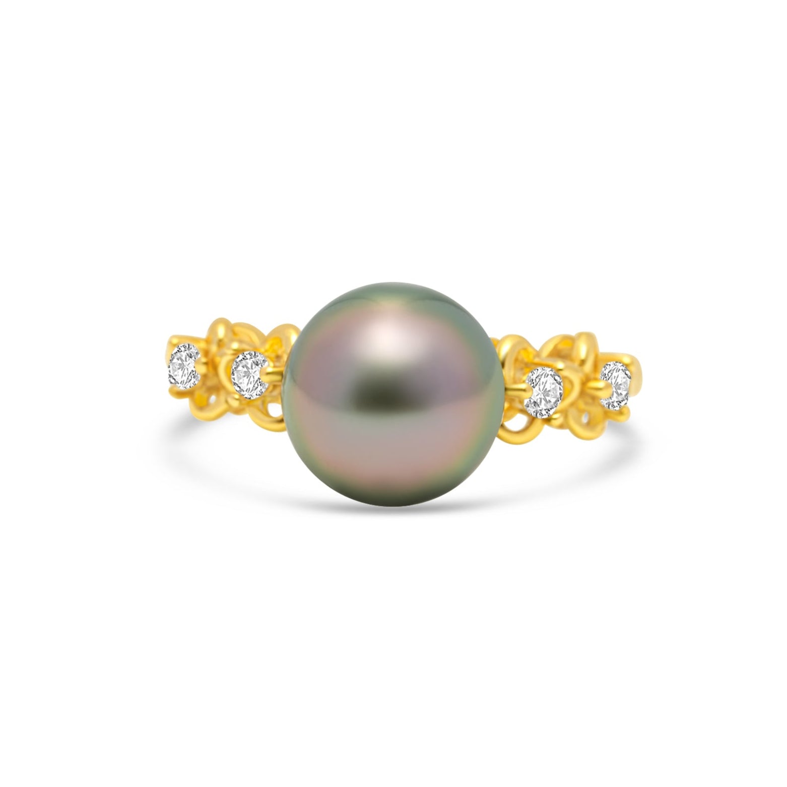 Gold ring with a pearl and diamonds on a white background