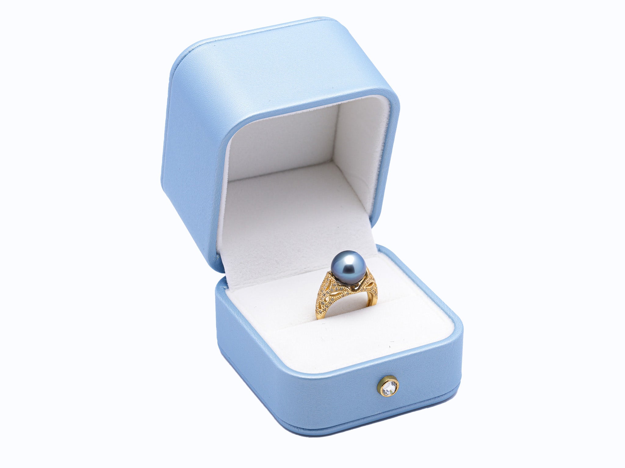 Exquisite Light Blue Tahiti Pearl Ring in 925 Silver Rhodium with Zirconia