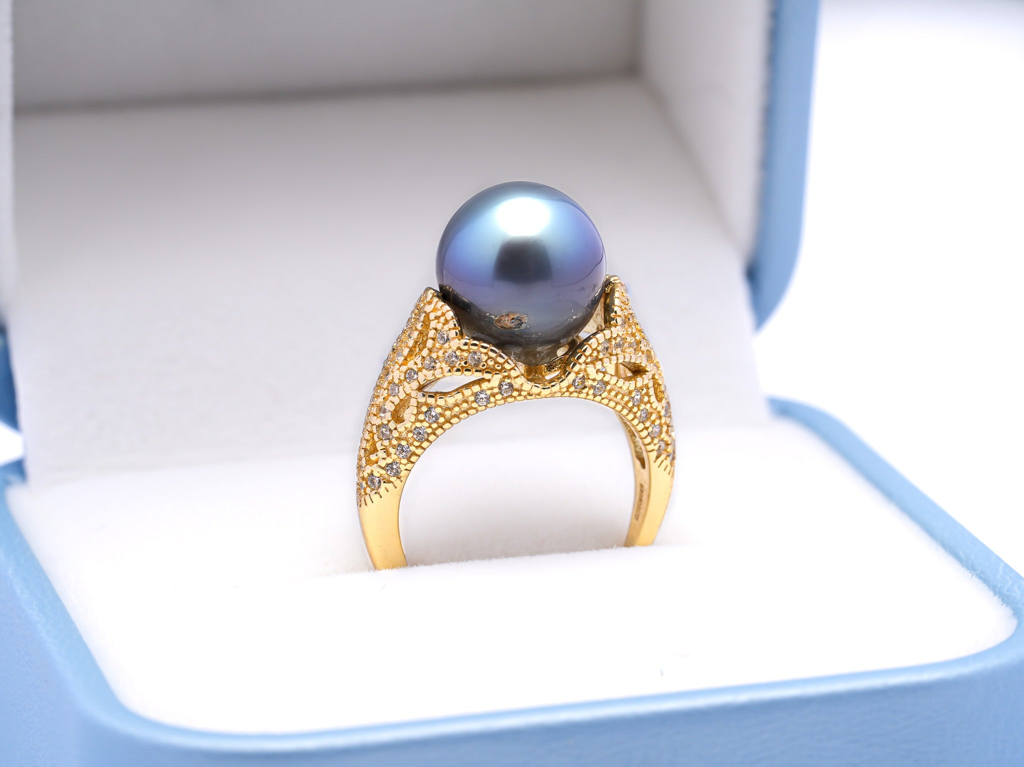 Exquisite Light Blue Tahiti Pearl Ring in 925 Silver Rhodium with Zirconia
