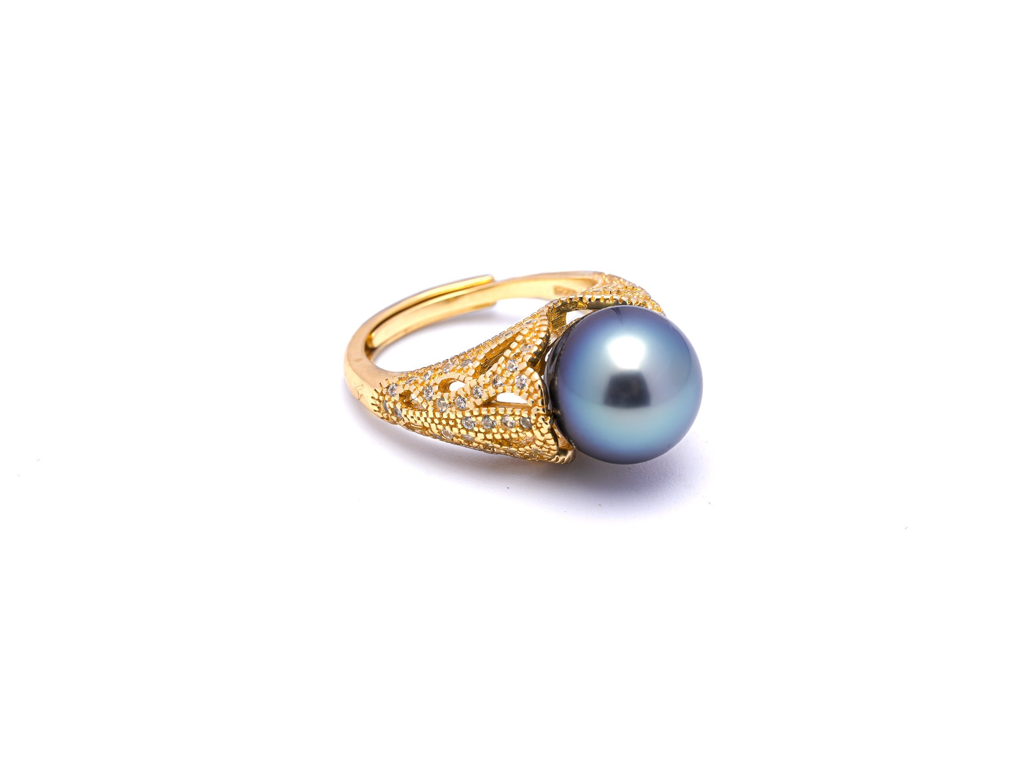 Exquisite Light Blue Tahiti Pearl Ring in 925 Silver Rhodium with Zirconia