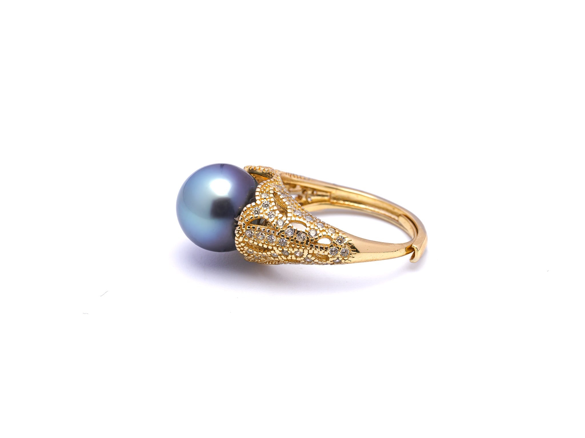 Exquisite Light Blue Tahiti Pearl Ring in 925 Silver Rhodium with Zirconia