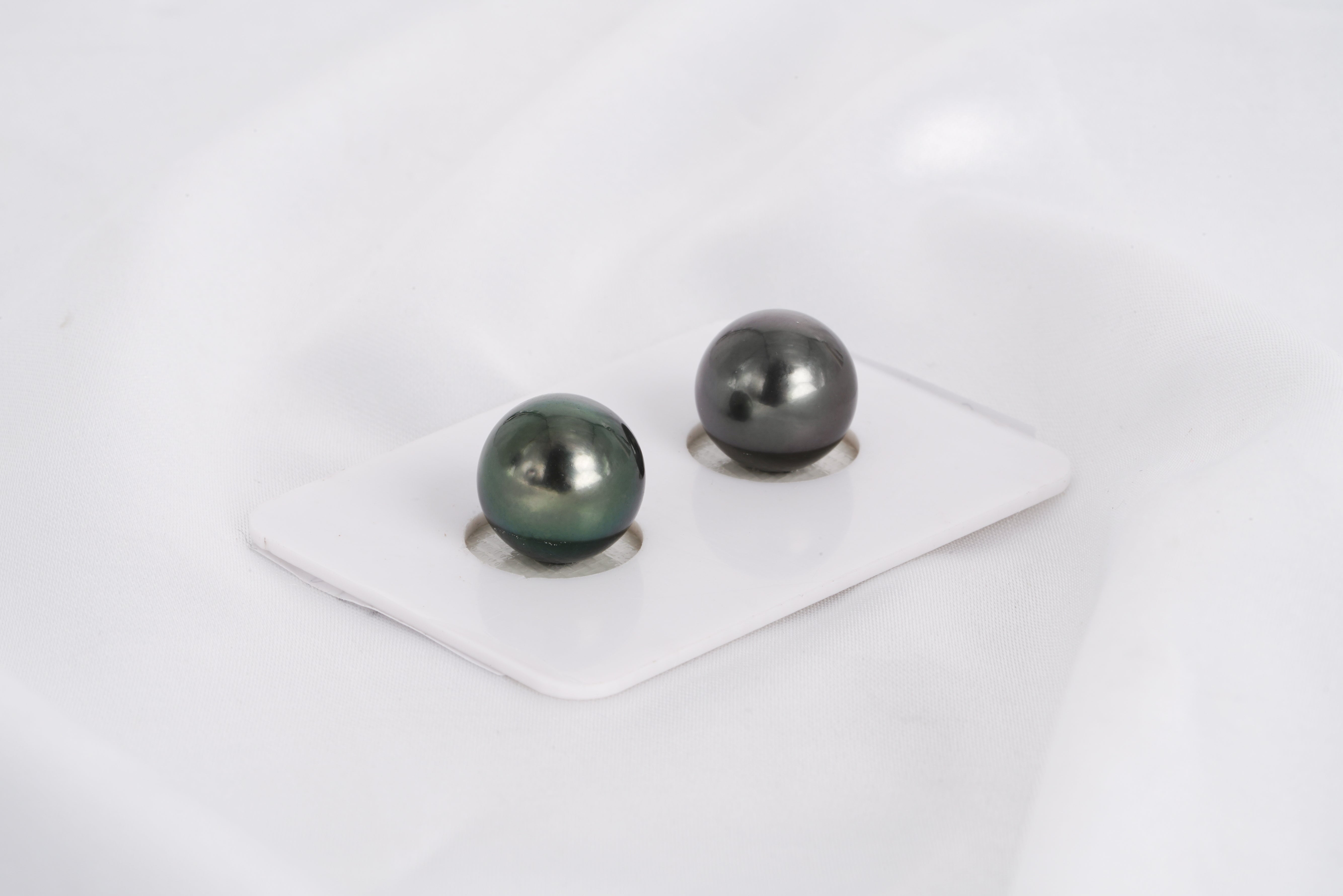 Dark Green Matched Pair - Round/Semi-Round 11mm AA quality Tahitian Pearl - Loose Pearl jewelry wholesale