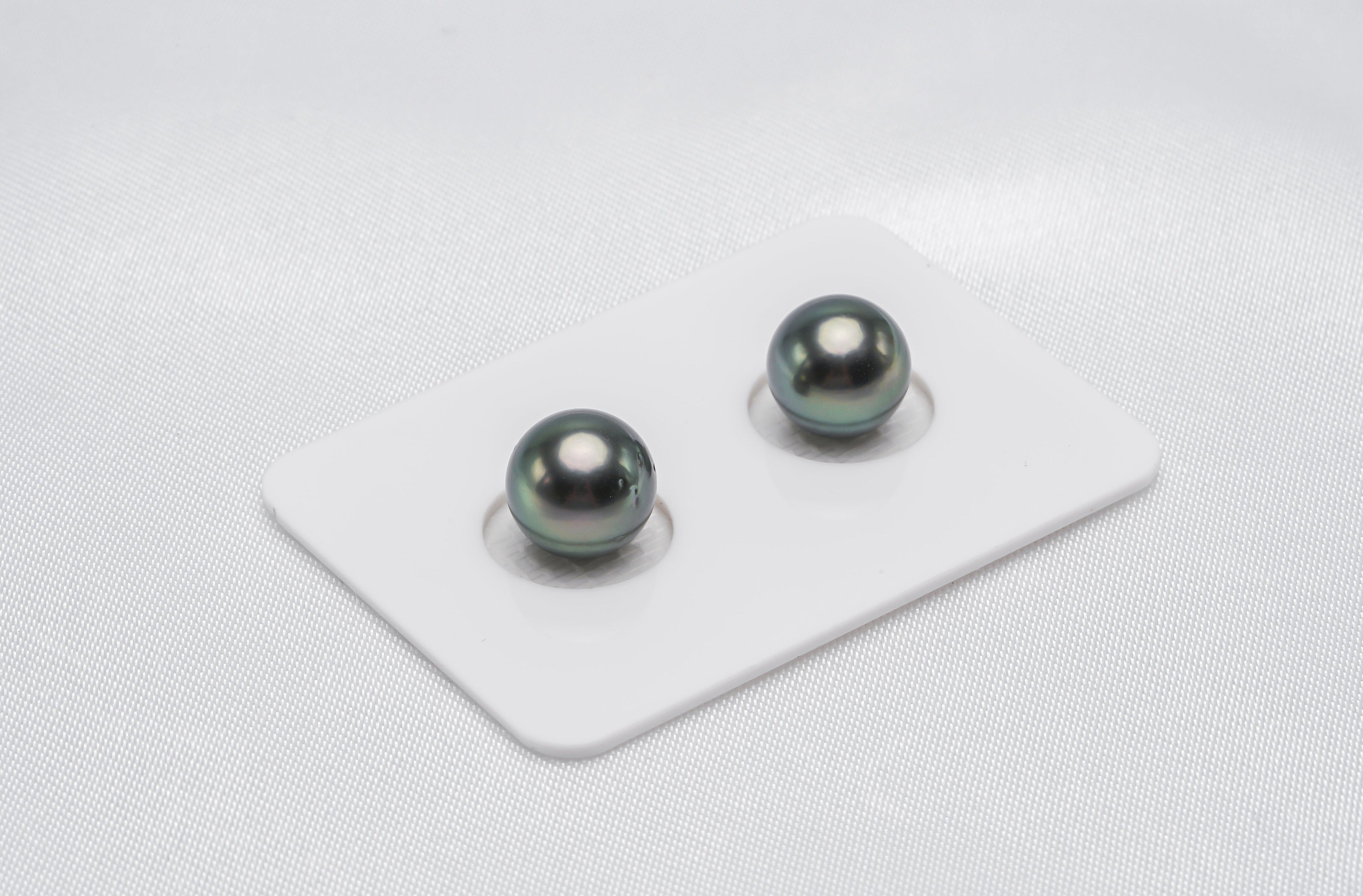 Peacock Green Matched Pair - Round 9mm AA quality Tahitian Pearl - Loose Pearl jewelry wholesale