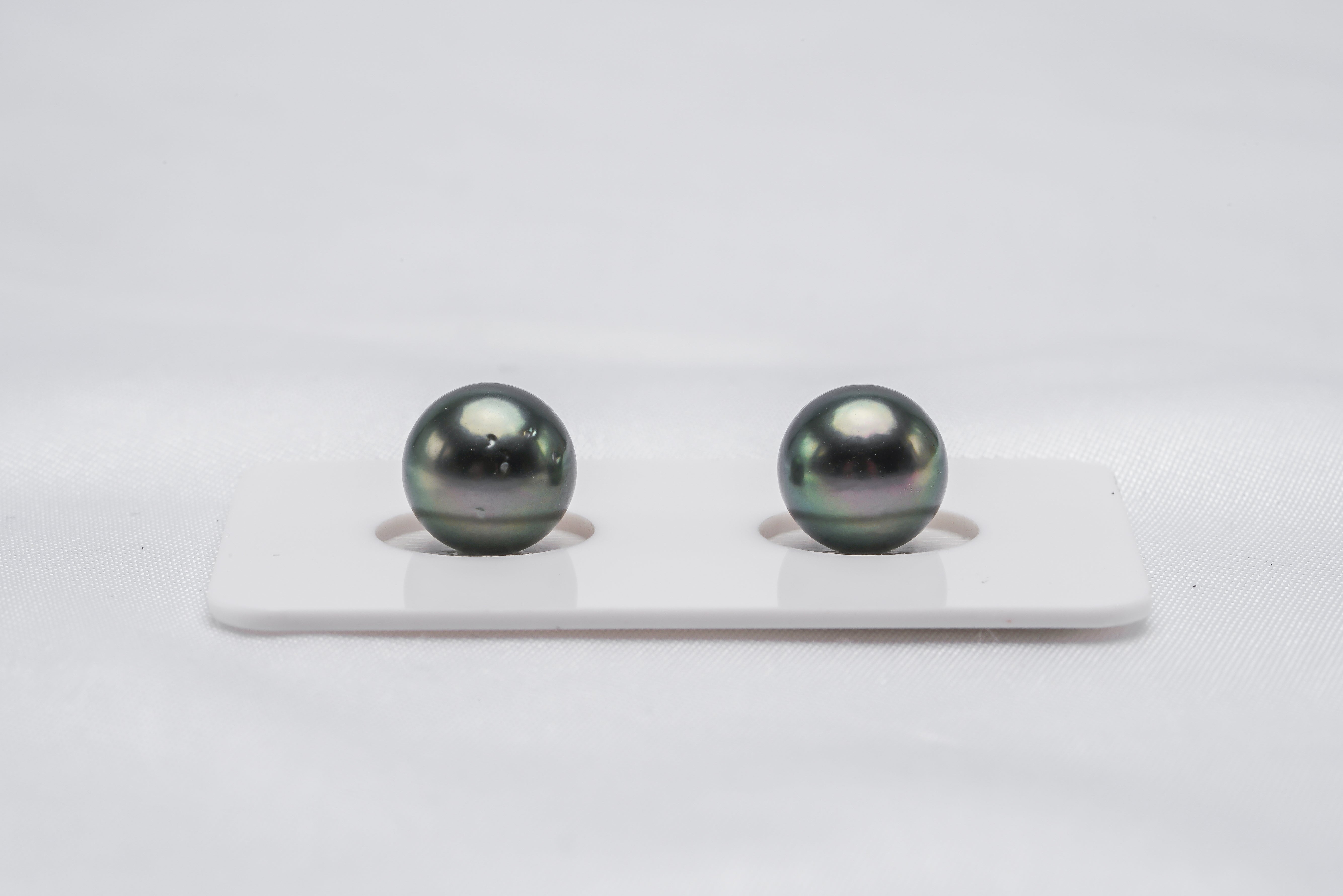 Peacock Green Matched Pair - Round 9mm AA quality Tahitian Pearl - Loose Pearl jewelry wholesale