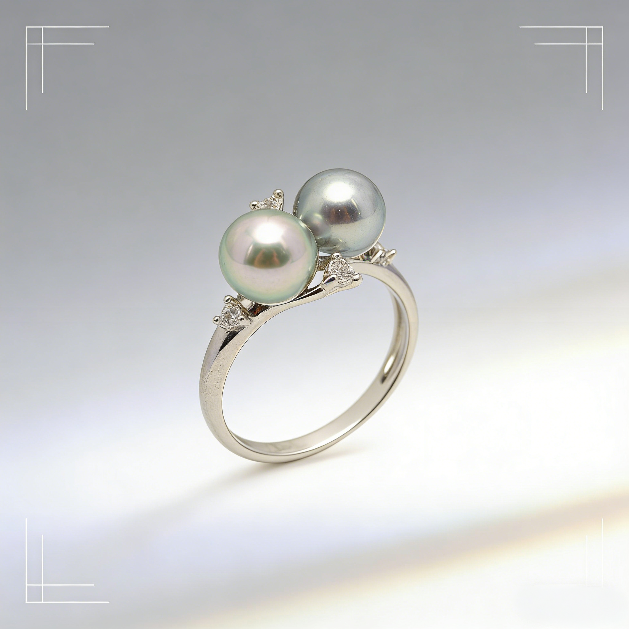 Pearl ring with two Akoya pearl on a gradient background