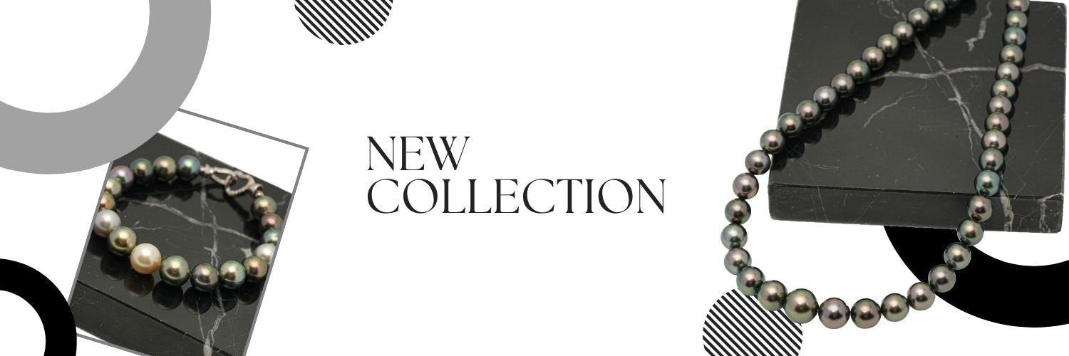 Pearl jewelry set with 'NEW COLLECTION' text on a geometric patterned background