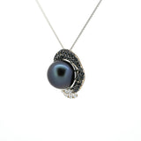 Silver Tahitian Pearl Necklace with Dark Purple Blue Pearl and Zirconia Accents "Darkvadeur" - ref:SHM657 TH2