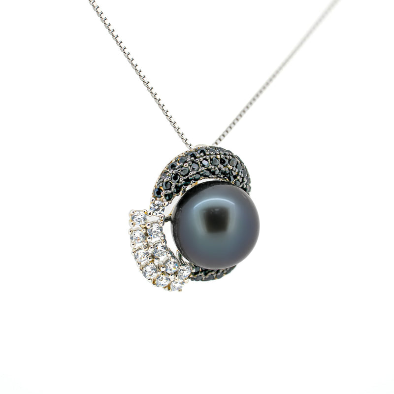 Silver Tahitian Pearl Necklace with Dark Purple Blue Pearl and Zirconia Accents "Darkvadeur" - ref:SHM657 TH2