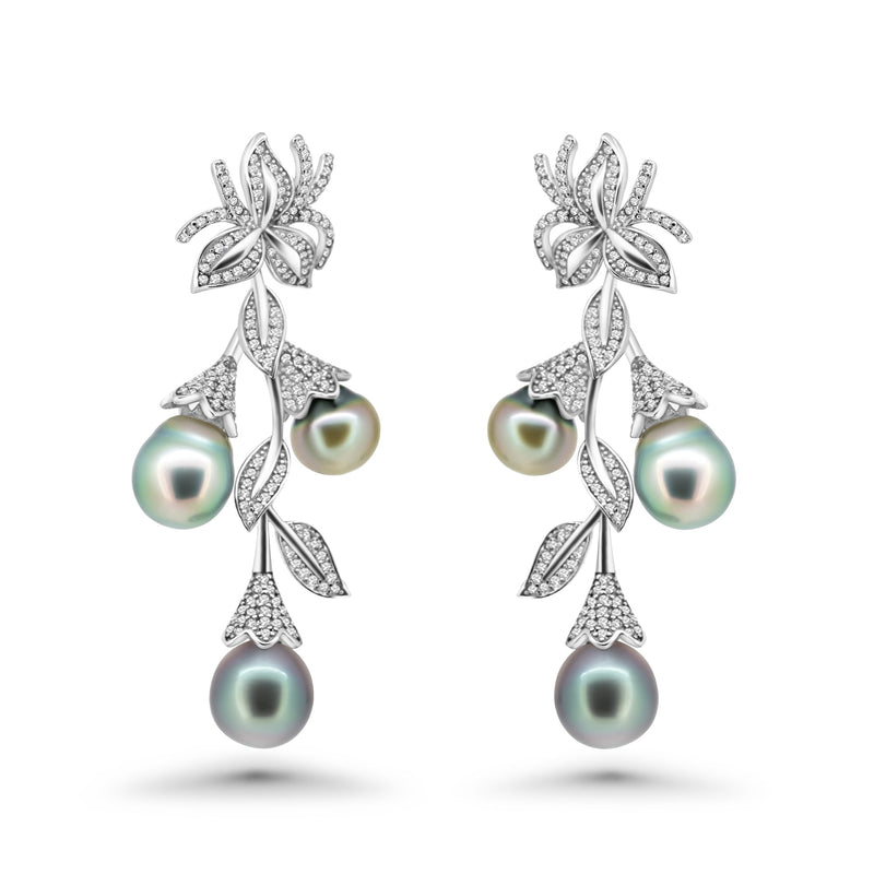 Elegant 925 Silver Floral-Style Tahitian Pearl Earrings. ref:SHM407 TH1