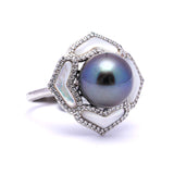 925 Silver Rhodium Tahitian Pearl Ring with 10mm Dark Pearl & Zirconia. ref:SHM766 TH1