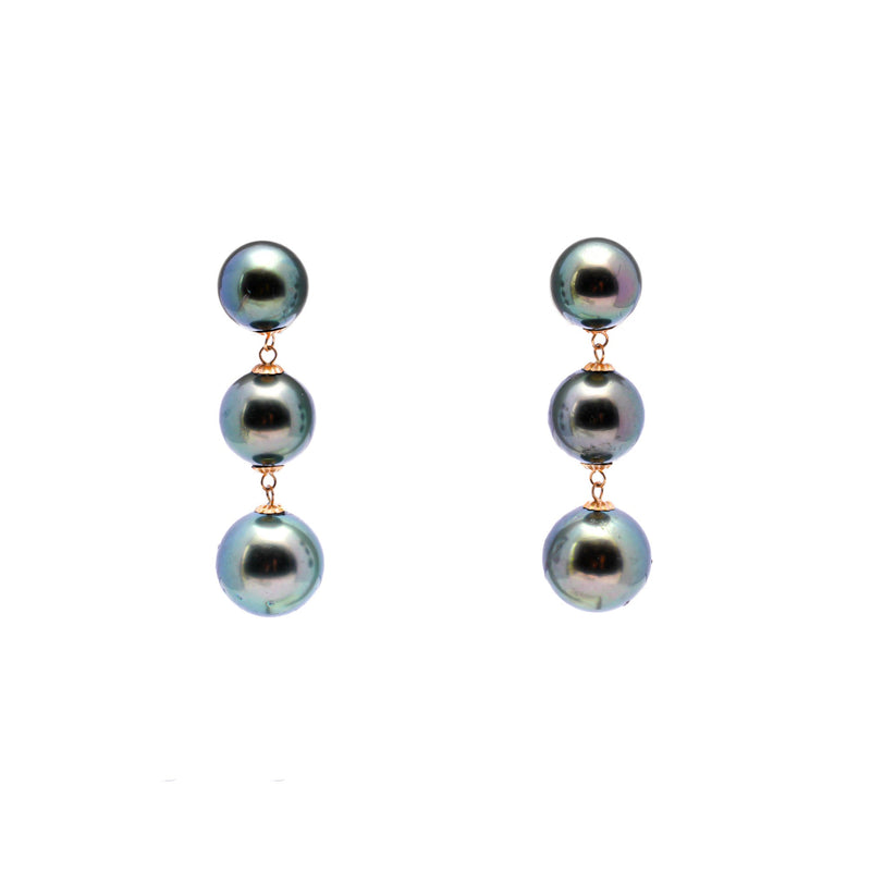 18k Gold Tahitian Pearl Earrings with 6 Green Pearls (8-10mm). ref:K510