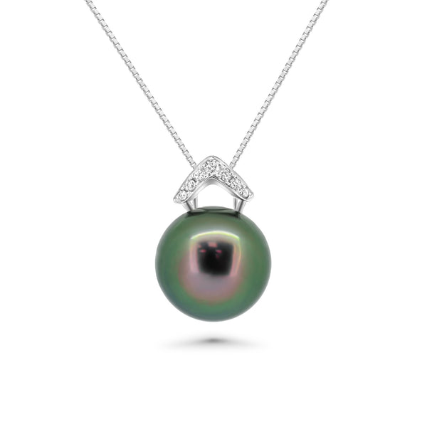 18K V-Shape Tahitian Pearl Pendant with Peacock Pearl & Diamond in 925 Silver Ref_ 18K515 TH2