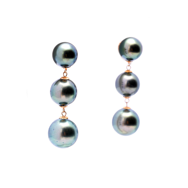 18k Gold Tahitian Pearl Earrings with 6 Green Pearls (8-10mm). ref:K510