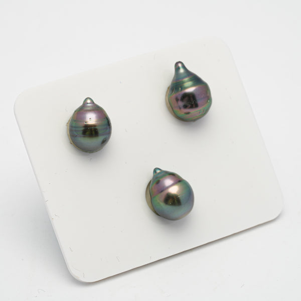 3pcs "High Luster" Peacock 9mm - CL AAA/AA Quality Tahitian Pearl Trio Set ER1075 OR3