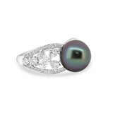 Stunning 11mm Green Tahitian Pearl Ring in 925 Silver with High Luster and Zirconia, "Butterfly II". ref:SHM866 TH2