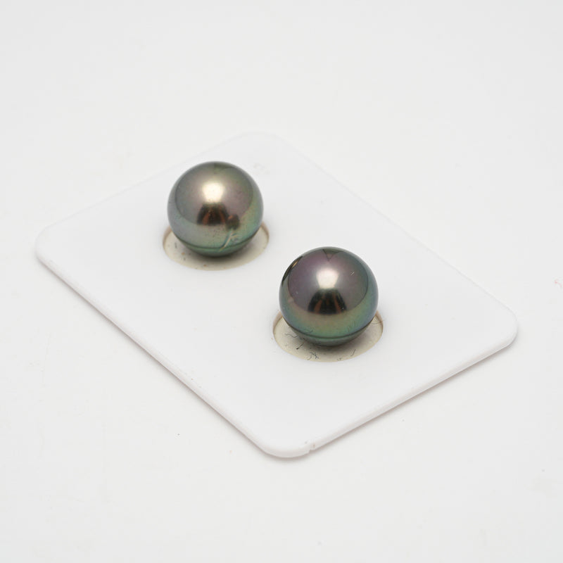 2pcs "High Luster" Green 11.1mm - SR AAA/AA Quality Tahitian Pearl Pair ER1517