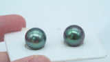 Green Matched Pair - Round 11mm TOP/AAA quality Tahitian Pearl ER490