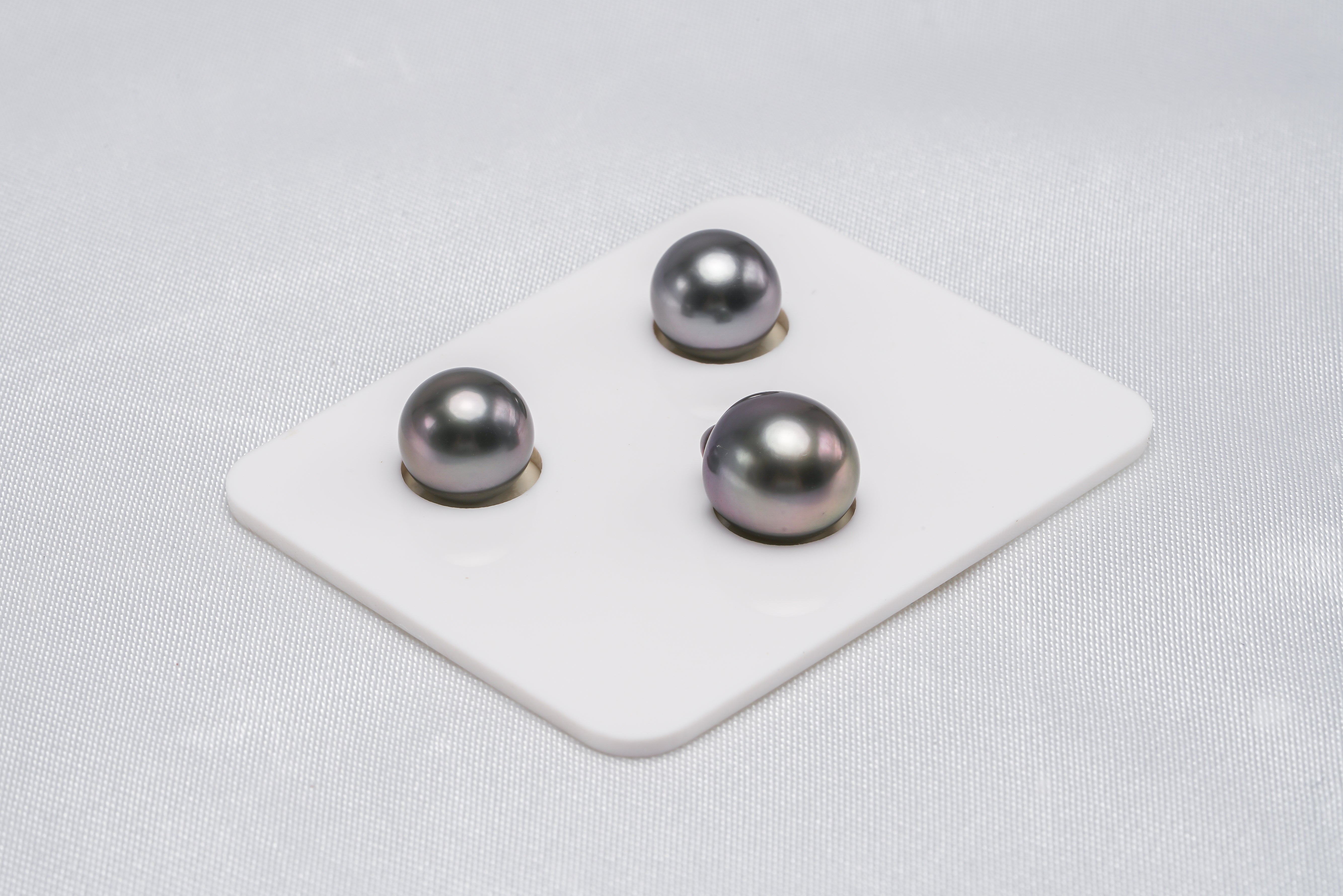 Shinny Grey Cherry Trio Set - Round/Semi-Baroque 9-10mm TOP/AAA quality Tahitian Pearl - Loose Pearl jewelry wholesale