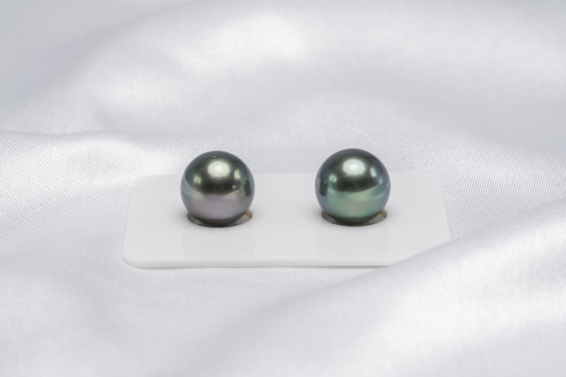 Blue Green Matched Pair - Round/Semi-Round 11mm AA quality Tahitian Pearl - Loose Pearl jewelry wholesale