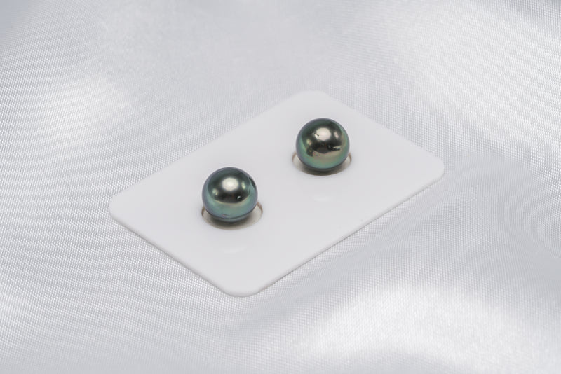 Green Shinny Pair - Round/Semi-Round 9.4mm AA quality Tahitian Pearl - Loose Pearl jewelry wholesale