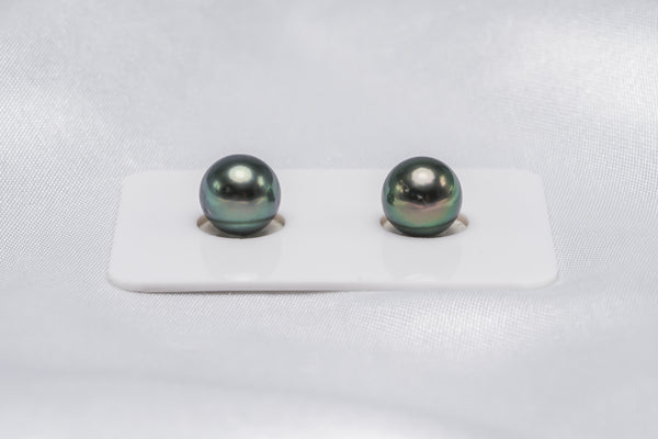 Green Shinny Pair - Round/Semi-Round 9.4mm AA quality Tahitian Pearl - Loose Pearl jewelry wholesale