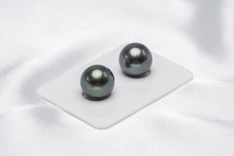 Dark Green Matched Pair - Semi-Round 12mm AA quality Tahitian Pearl - Loose Pearl jewelry wholesale