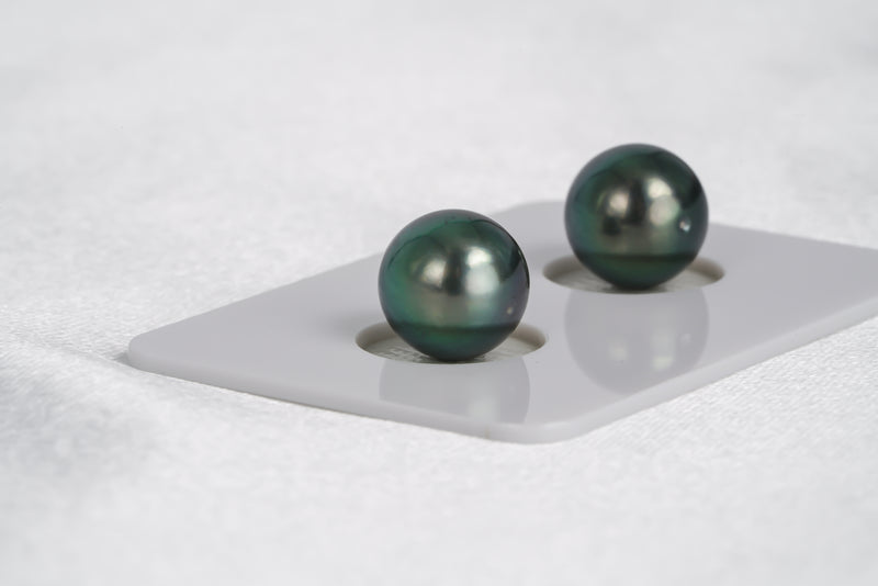 Blue Green Matched Pair - Round 9mm AAA quality Tahitian Pearl - Loose Pearl jewelry wholesale