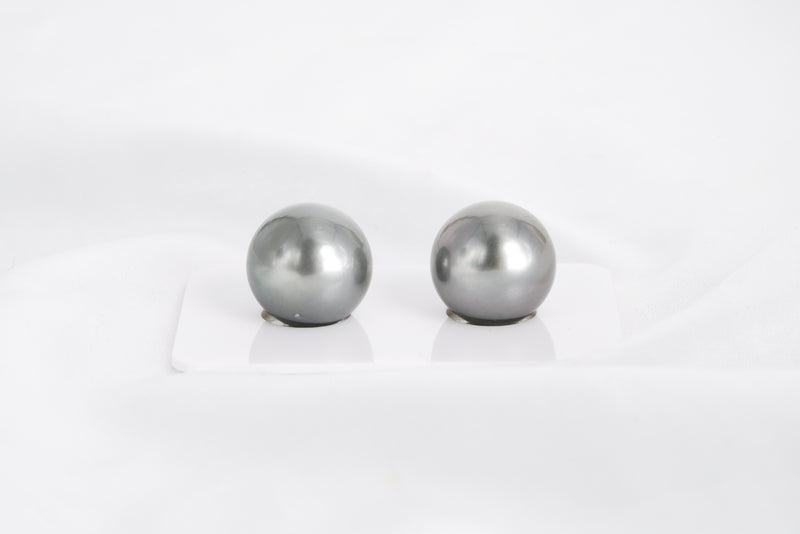 Grey Matched Pair - Round/Semi-Round 14mm AAA quality Tahitian Pearl - Loose Pearl jewelry wholesale