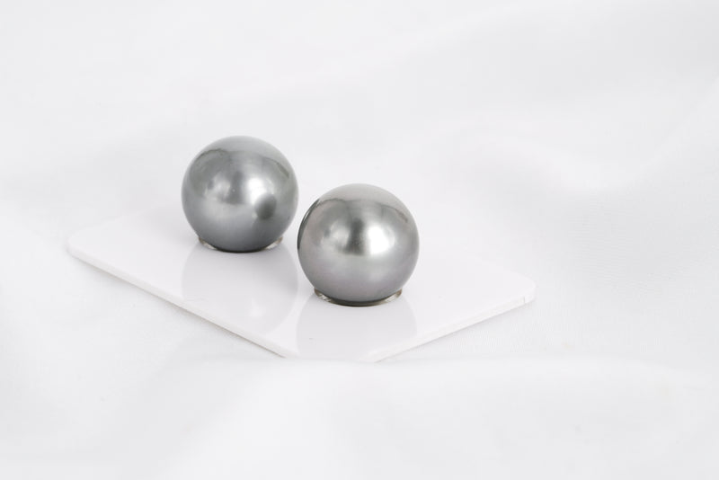 Grey Matched Pair - Round/Semi-Round 14mm AAA quality Tahitian Pearl - Loose Pearl jewelry wholesale