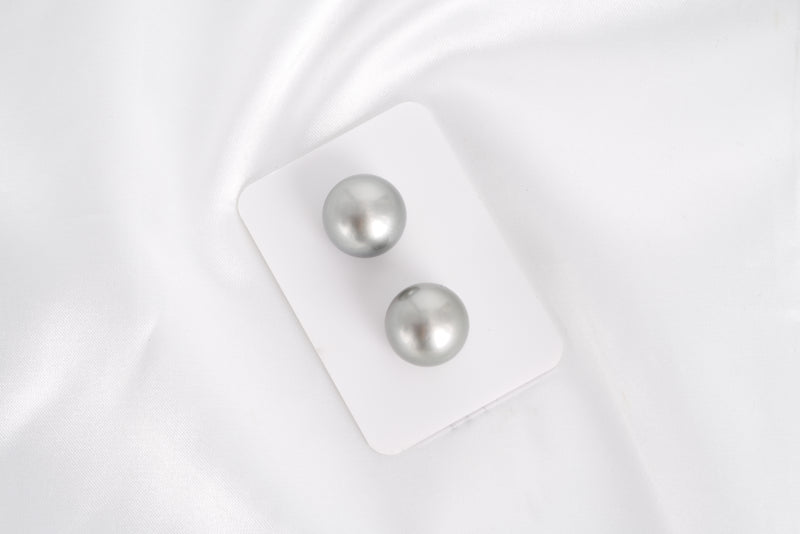 Grey Matched Pair - Round 13.4mm TOP/AAA quality Tahitian Pearl - Loose Pearl jewelry wholesale