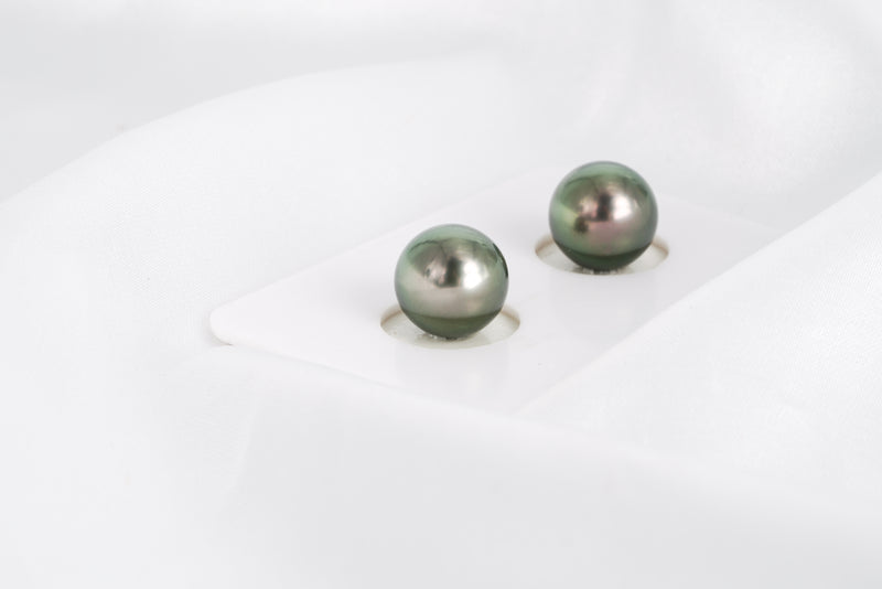 Green Matched Pair - Round 9mm TOP quality Tahitian Pearl - Loose Pearl jewelry wholesale
