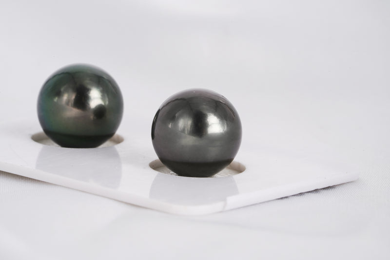 Dark Green Matched Pair - Round/Semi-Round 11mm AA quality Tahitian Pearl - Loose Pearl jewelry wholesale