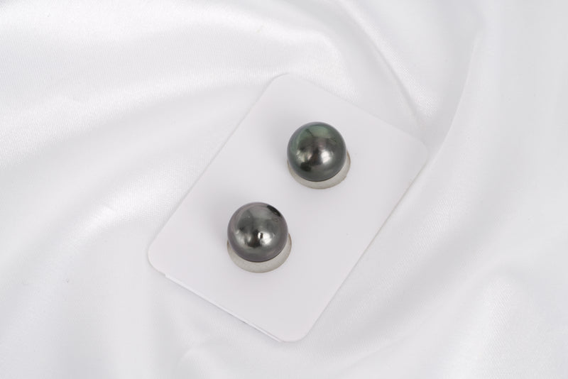 Dark Green Matched Pair - Round/Semi-Round 11mm AA quality Tahitian Pearl - Loose Pearl jewelry wholesale