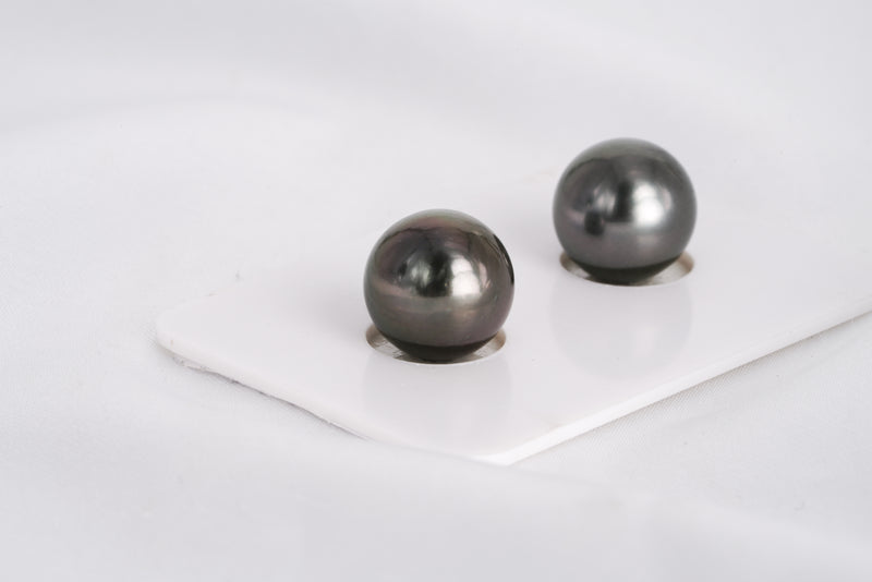 Dark Green Matched Pair - Round 11.1mm AAA quality Tahitian Pearl - Loose Pearl jewelry wholesale