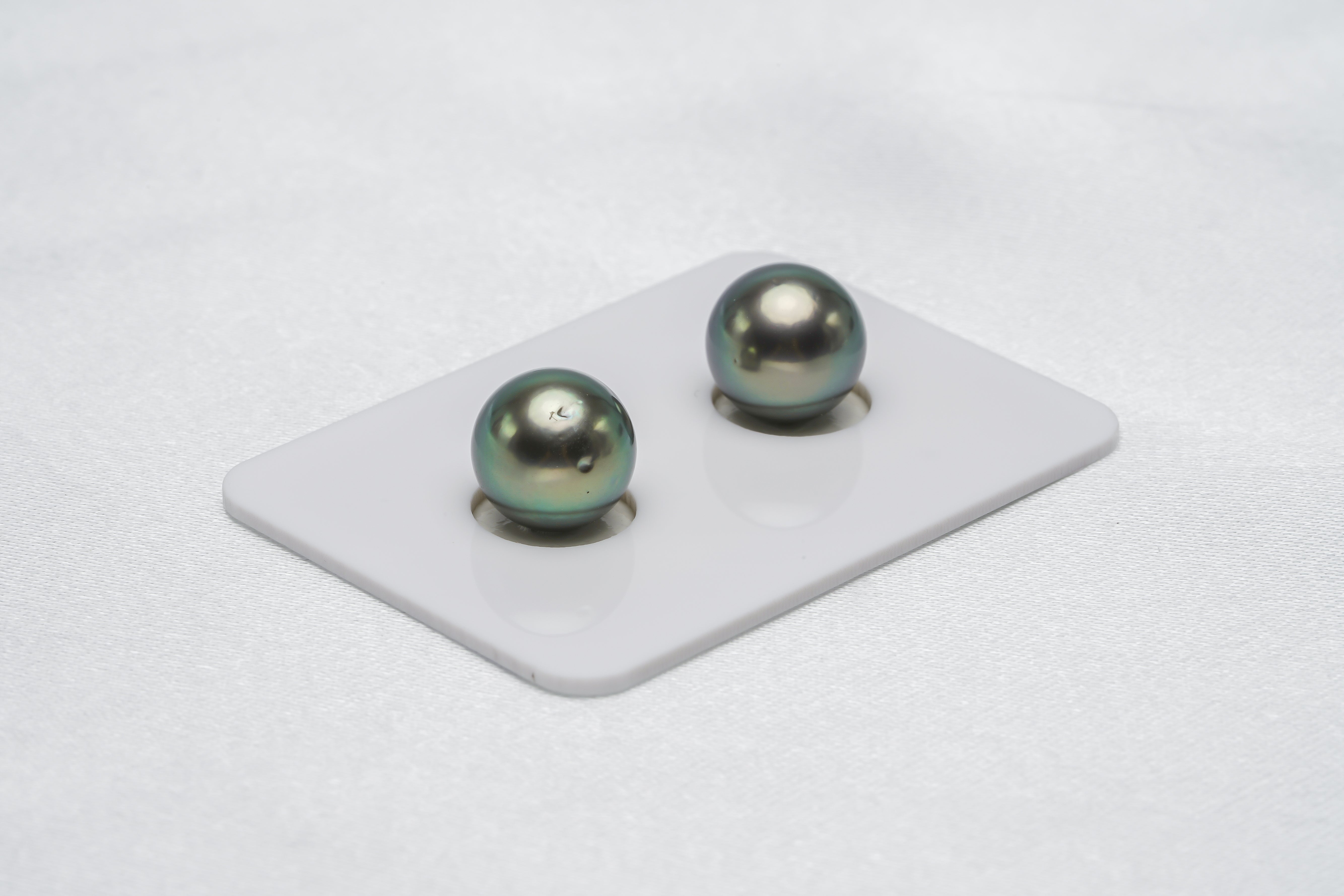 Green Pair - Round/Semi-Round 10mm AA quality Tahitian Pearl - Loose Pearl jewelry wholesale