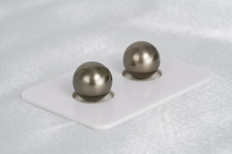 Olive Shinny Green Matched Pair - Round/Semi-Round 11mm AAA quality Tahitian Pearl - Loose Pearl jewelry wholesale