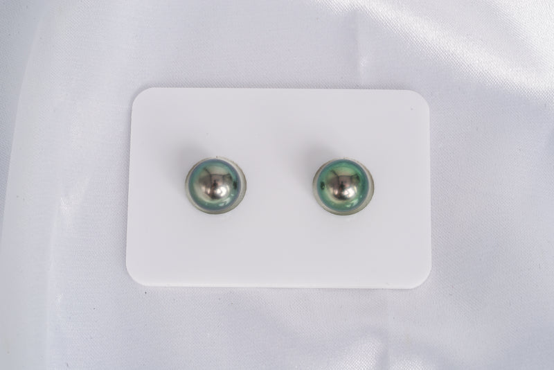 Green Matched Pair - Semi-Round 8.5mm AAA quality Tahitian Pearl Earrings - Loose Pearl jewelry wholesale