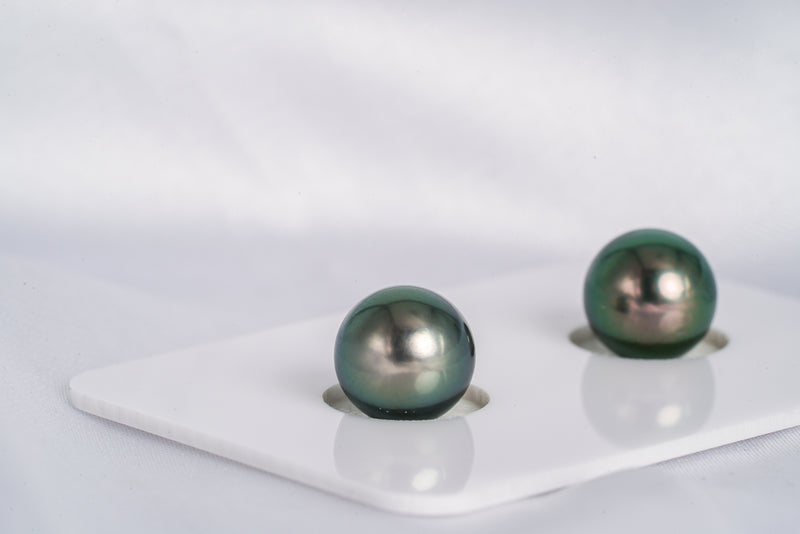Green Matched Pair - Semi-Round 8.5mm AAA quality Tahitian Pearl Earrings - Loose Pearl jewelry wholesale